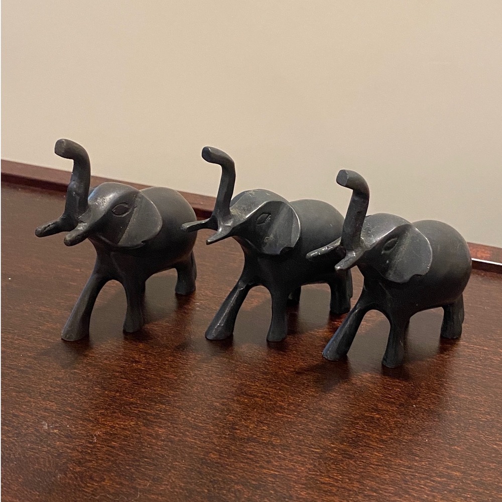 Vintage Set of 3 Cast Metal Elephant Figurines Lucky Raised Trunk Decor Black 3"